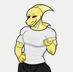 anthro asherduch black_bottomwear black_clothing black_pants bottomwear clothing fin fish hi_res jonathan_waters_(snakeparty) lemon_shark male marine muscular pants red_eyes requiem_shark shark shirt simple_background snakeparty solo t-shirt topwear white_background white_clothing white_shirt white_t-shirt white_topwear yellow_body