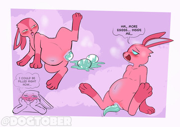 ambiguous_gender anthro blush blush_lines bodily_fluids digitigrade egg fur oviposition raised_leg red_body red_fur saliva saliva_string solo text dogtober east_(dogtober) lagomorph leporid mammal rabbit digital_media_(artwork) english_text hi_res