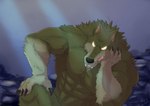 abs anthro arm_support armpit_hair body_hair brown_body brown_fur claws clenched_teeth fangs fur glowing glowing_eyes grumpy hand_on_face head_on_hand leaning_on_elbow light light_beam looking_at_viewer male muscular muscular_anthro muscular_male navel pecs resting_on_arm solo teeth jabuhusky one_stormy_night gabu canid canine canis mammal wolf