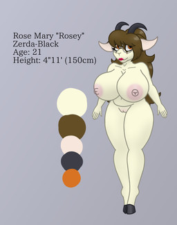anthro areola big_breasts blush body_blush breasts brown_eyes brown_hair color_swatch eyewear facial_markings female fur genitals glasses hair head_markings hooves horn huge_breasts lipstick long_hair makeup markings mask_(marking) navel nipples nude nude_anthro nude_female pink_areola pink_nipples red_lipstick simple_background slightly_chubby solo tan_body tan_fur text thick_thighs vulva vulva_blush wearing_glasses zibdan rosey_zerda_black bovid caprine goat mammal hi_res model_sheet