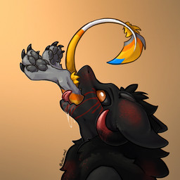 anthro black_body black_fur bodily_fluids claws duo feathers fur grey_body grey_fur head_first horn male male/male open_mouth oral_vore pawpads paws saliva tail tongue vore yellow_body yellow_fur vikas suffer_(phantom76) vikas_avali avali wickerbeast 1:1 hi_res