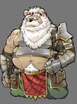 anthro armor beard belly big_belly blue_eyes eyewear facial_hair glasses humanoid_hands kemono male mature_male mustache navel one_eye_closed overweight overweight_male scar simple_background solo wink yazoe bear mammal 2022 hi_res