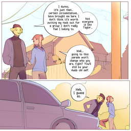 2_panel_comic anthro beanie black_beanie black_clothing black_hat black_headwear black_shirt black_text black_topwear blonde_hair border bottomwear brown_body brown_fur brown_hair brown_nose brown_tail building car choker clothed clothing detailed_background dialogue dipstick_ears duo ear_markings femboy fence floppy_ears fur green_choker green_jewelry green_necklace hair hands_in_both_pockets hat headgear headwear hoodie house jewelry looking_at_another male multicolored_ears necklace outside pants plant power_lines shirt shrub sky speech_bubble tail tan_body tan_bottomwear tan_clothing tan_fur tan_pants text topwear tree utility_pole vehicle walking white_border doxy jesse_(onta) marty_(onta) canid canine canis domestic_dog felid lion mammal pantherine 1:1 2025 comic english_text