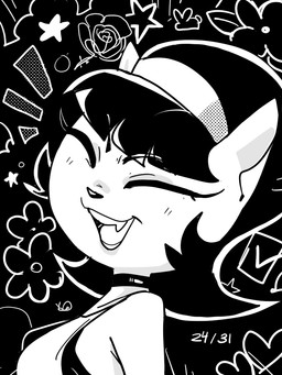 accessory choker cute_fangs emanata eyes_closed fangs floral_background flower hair happy headband jewelry necklace open_mouth open_smile plant sleeveless_shirt smile star teeth dbaru nickelodeon t.u.f.f._puppy kitty_katswell domestic_cat felid feline felis mammal 2026 black_and_white dated headshot_portrait monochrome portrait