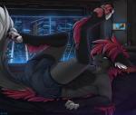 2016 anthro black_body black_fur black_nose blue_eyes brown_body brown_fur bulge butt canid canine city clothed clothing conditional_dnp detailed_background digital_media_(artwork) felid femboy fluff-kevlar fur grey_body grey_fur hair hybrid inner_ear_fluff lying male mammal night nytro_(fluff-kevlar) on_back pawpads pink_pawpads playful raised_leg red_hair side_view solo tail text topless tuft underwear url window