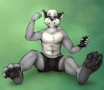 angry anthro biped boxers_(clothing) bulge clothed clothing controller fangs feet game_controller hindpaw looking_at_viewer male navel paws shaking_fist sitting skimpy soles solo teeth toes topless underwear staggard mammal procyonid raccoon