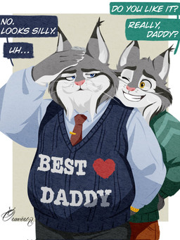 affectionate age_difference annoyed anthro belly big_belly big_muscles black_body black_fur blue_clothing blue_eyes blue_shirt blue_sweater blue_sweater_vest blue_topwear blue_vest bottomwear brown_bottomwear brown_clothing brown_pants clothing dialogue duo eyebrows fur gift green_clothing green_sweater green_topwear grey_body grey_bottomwear grey_clothing grey_fur grey_pants grin hand_on_forehead happy head_on_shoulder heart_symbol holidays larger_anthro larger_male male manly mature_anthro mature_male multicolored_body multicolored_fur musclegut muscular muscular_anthro muscular_arms muscular_male necktie nuzzling older_anthro older_male one_eye_closed orange_eyes pants red_necktie shadow shirt size_difference smaller_anthro smaller_male smile speech_bubble standing sweater sweater_vest text thick_arms thick_eyebrows topwear vest whiskers white_body white_fur younger_anthro younger_male oravert69522 disney new_year zootopia milton_lynxley pawbert_lynxley canada_lynx felid feline lynx mammal 3:4 english_text hi_res father_(lore) father_and_child_(lore) father_and_son_(lore) parent_(lore) parent_and_child_(lore) parent_and_son_(lore) son_(lore)