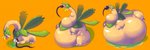 2020 absurd_res ambiguous_gender belly big_belly brown_body butt feral generation_3_pokemon green_hair hair hi_res hose hose_inflation huge_belly hyper hyper_belly inflation leaf liquid_inflation nintendo orange_background overweight pokemon pokemon_(species) pukupukudragon simple_background solo tropius water water_inflation