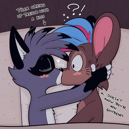 anthro bed black_nose brown_body brown_fur duo exclamation_point fur furniture grey_body grey_fur kiss_on_lips kissing male markings question_mark text waking_up whisker_markings respecies trevor-fox_(character) mammal mouse murid murine procyonid raccoon rodent 1:1 hi_res nonbinary_(lore)
