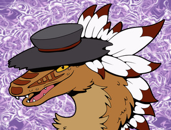 abstract_background clothing cowboy_hat feathers hat headgear headwear looking_at_viewer orange_body pupils purple_background sharp_teeth simple_background slit_pupils solo talking_to_viewer teeth tongue yellow_sclera trevor-fox pngtuber dinosaur feathered_dinosaur feathered_scalie prehistoric_species reptile scalie animated