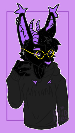2_horns anthro black_hole_eyes clothed clothing cross ear_piercing ear_ring eyewear fur glasses hoodie horn inverted_cross male mouth_piercing multiple_piercings piercing purple_body purple_eyes purple_fur purple_horn purple_nose ring_piercing solo star stars_in_hair stars_in_hand sweater topwear voidryes mythology nirvana voidryes_(character) domestic_cat dragon eastern_dragon felid feline felis mammal mythological_creature mythological_scalie scalie hi_res