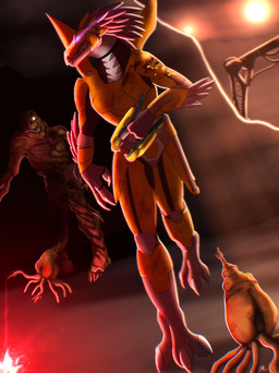 3_fingers 3_toes ambiguous_gender anthro arm_feathers armor cheek_window digitigrade energy_weapon feather_hair feather_tuft feathered_crest feathers feet fingers group head_crest holding_object holding_ranged_weapon holding_weapon mechanical_wings plasma_rifle pseudo_hair ranged_weapon solo_focus toes tuft walking weapon rainey_(artist) halo_(series) microsoft xbox_game_studios alien avian flood_(halo) flood_(infection_form) humanoid kig-yar scalie t'vaoan colored hi_res