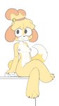 anthro blush breasts claws collarbone crossed_legs eyebrow_through_hair eyebrows female hair navel nipples nude sitting smile solo translucent translucent_hair sarcobutter animal_crossing nintendo isabelle_(animal_crossing) canid canine canis domestic_dog mammal 9:16 hi_res