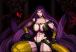 abs aka6 avenger_gorgon big_breasts breasts cleavage clothed clothing european_mythology fate_(series) female gorgon greek_mythology humanoid lips living_hair looking_at_viewer medusa_(fate) muscular muscular_female muscular_humanoid mythology pseudo_hair reptile scalie snake snake_hair solo spread_legs spreading type-moon