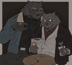 anthro black_sclera clothing coffee_cup container cup dessert digit_ring doughnut duo fangs food jacket jewelry male male/male pastry ring scar smile sweater teeth tongue tongue_out topwear wedding_ring quetza elden_ring fromsoftware blaidd_(elden_ring) canid canine canis mammal wolf absurd_res hi_res