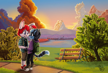anthro anthro_on_anthro backpack bench black_body black_fur black_hair black_nose blue_body blue_clothing blue_eyes blue_fur blue_hair blue_topwear closed_smile clothed clothing cloud day duo eye_contact footwear fur glistening glistening_eyes green_backpack hair hand_holding jewelry lake looking_at_another male male/male male_anthro mouth_closed multicolored_hair necklace open_mouth open_smile outside pink_nose plant purple_clothing purple_topwear red_clothing red_footwear red_hair red_shoes shoes smile standing sunset topwear tree two_tone_hair white_body white_fur young young_anthro young_male pandapaco domestic_cat felid feline felis lagomorph leporid mammal rabbit detailed