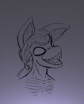 anthro empty_eyes eyebrows gradient_background hair insane male open_mouth ponytail sharp_teeth simple_background skinny solo teeth sirten nan_quest santiago_(nq) canid canine canis coyote mammal 2010 bust_portrait greyscale low_res monochrome portrait