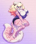 2018 anthro big_breasts black_bottomwear black_clothing blonde_hair blue_eyes bottomwear breasts cheek_tuft closed_smile clothed clothing dated facial_tuft female fur glistening glistening_eyes hair hi_res holding_breast hotpants huge_breasts markings marzipan_(spottedtigress) mouth_closed multicolored_hair pink_body pink_fur purple_clothing purple_topwear red_hair shorts signature smile solo spots spotted_arms spotted_legs spotted_markings spotted_tail striped_arms striped_legs striped_markings striped_tail stripes tail tail_markings tiggybloom topwear tuft two_tone_hair white_body white_fur