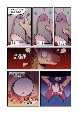 anthro aroused bottomwear brown_body brown_mane camera_hud camera_view chest_tuft clenched_teeth close-up clothing dialogue erection erection_under_clothing foreskin genitals glans group handjob humanoid_genitalia humanoid_penis livestream male male/male mane nipples pants penile penis penis_size_difference profanity recording red_background red_clothing red_shirt red_topwear sex shirt simple_background six_frame_image speech_bubble tank_top teeth text topwear trio tuft unwanted_erection t0l0k andrew_(t0l0k) carlos_(t0l0k) samuel_(t0l0k) cricetid giraffe giraffid hamster hyena mammal rodent comic english_text hi_res multiple_scenes