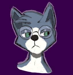 anthro bored eyewear fur glasses green_eyes grey_body grey_fur male purple_background round_glasses simple_background solo white_body white_fur arnhem canid canine canis mammal wolf headshot_portrait hi_res portrait