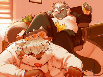 2_penises anthro boss chair clothing duo feet furniture genitals male male/male multi_genitalia multi_penis office office_chair pawpads penis shirt slightly_chubby sunset tail tongue tongue_out topwear bawp asian_mythology east_asian_mythology mythology motse zlarr_(alaska_zz) alaskan_malamute canid canine canis domestic_dog dragon eastern_dragon mammal mythological_creature mythological_scalie nordic_sled_dog scalie spitz