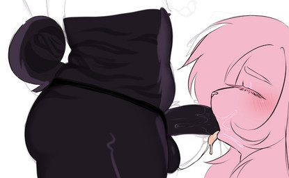 anthro balls belly blowjob_face bodily_fluids clothing duo fellatio female genitals gynomorph gynomorph/male hair intersex intersex/male male oral penile penis pink_hair purple_body purple_penis saliva saliva_on_penis saliva_on_tongue saliva_string sex slightly_chubby thong underwear bugzthepug buggy_(bugzthepug) macktus animal_humanoid canid canine canis domestic_dog humanoid mammal mammal_humanoid molosser pug small_molosser toy_dog