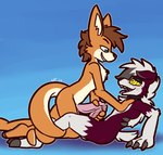 anthro anthro_on_anthro black_nose blue_background bodily_fluids brown_hair chest_grab claws collar collar_only duo erection eye_contact finger_claws floppy_ears freckles frottage fur genital_fluids genitals glans grey_body grey_claws grey_fur grey_hair grey_pawpads grin hair humanoid_genitalia humanoid_penis interspecies looking_at_another male male/male motion_lines nude orange_body orange_fur pawpads penile penis pink_glans pink_penis precum pupils red_body red_fur sex sharp_teeth simple_background smile tail tail_around_leg tail_around_partner teal_eyes teeth toe_claws tongue tongue_out white_body white_fur white_hair white_inner_ear yellow_eyes yellow_pupils yellow_sclera ultilix nintendo pokemon generation_7_pokemon kangaroo lycanroc macropod mammal marsupial pokemon_(species) 2025