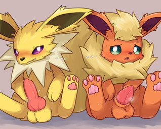 animal_genitalia animal_penis balls black_nose blush bodily_fluids canine_genitalia canine_penis duo erection feral fur genital_fluids genitals green_sclera knot knotted_penis male pawpads paws penis precum purple_sclera red_body red_ears red_fur sitting white_eyes yellow_body yellow_ears yellow_fur komugi_mofu nintendo pokemon eeveelution flareon generation_1_pokemon jolteon pokemon_(species) absurd_res hi_res
