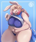 anthro big_breasts breasts brown_hair ears_up female fur hair head_tilt kemono logo long_hair looking_at_viewer navel obese open_mouth overweight overweight_female pink_hair ponytail red_eyes skindentation smile solo tan_body tan_fur tan_hair thick_thighs sasanoha6011 lagomorph leporid mammal rabbit artist_logo hi_res