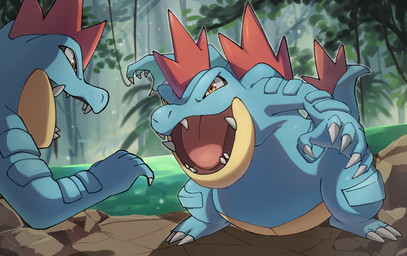 ambiguous_gender armor back_spikes big_mouth_(anatomy) blue_body body_armor duo feral fighting_pose forest forest_background head_spikes nature nature_background open_mouth plant pose rock sharp_teeth shoreline solo_focus spiked_tail spikes spikes_(anatomy) tail teeth tongue tree vines water nekono_shippo75 nintendo pokemon feraligatr generation_2_pokemon pokemon_(species)