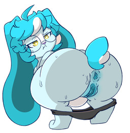 anthro anus black_clothing black_panties black_underwear blue_body bodily_fluids butt clothed clothing clothing_around_legs crouching eyewear female floppy_ears fur genitals glasses inner_labia long_ears multicolored_body multicolored_fur organs panties panties_around_legs panties_down partially_clothed solo stomach sweat sweatdrop sweaty_butt tail underwear underwear_around_legs underwear_down vulva wearing_glasses yellow_eyes mochafrappeart lagomorph leporid mammal rabbit hi_res