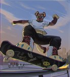 anthro blue_eyes brown_body brown_fur fur green_eyes heterochromia looking_at_viewer male skateboard skateboarding slim_anthro slim_male solo vehicle yellow_body yellow_fur ankorthewolf gorillaz hyena mammal absurd_res hi_res