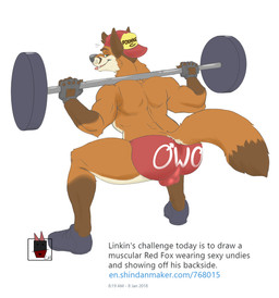 anthro arms_bent back_muscles backwards_baseball_cap backwards_hat baseball_cap bent_legs biceps bodily_fluids bulge clothed clothing crouching emoticon emoticon_on_clothing emoticon_on_underwear exercise fingerless_gloves fur gloves handwear hat headgear headwear looking_at_viewer male muscular muscular_anthro muscular_male orange_body orange_fur owo perineum print_clothing print_underwear raised_hand rear_view simple_background solo spread_arms sweat sweatdrop text tongue tongue_out topless underwear weightlifting weights white_background wide_stance workout linkin_monroe canid canine fox mammal red_fox true_fox 2018 english_text url