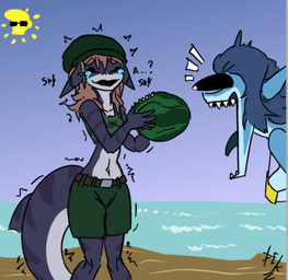 anthro bodily_fluids bottomwear breasts clothing crying duo female female/female food fruit holding_food holding_object melon non-mammal_breasts plant shorts tail tears teeth teeth_showing toothless_mouth watermelon destruteka jules_sok shalana_sarrisar_(destruteka) aquatic fish shark sketch