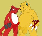 anthro balls blush claws duo erection genitals green_eyes male male/male penis red_body scar yellow_body heibanhikaru bandai_namco digimon axl_shoutmon agumon digimon_(species) scalie shoutmon 2024 absurd_res hi_res