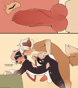 anal anal_penetration animal_genitalia animal_penis anthro anthro_on_anthro anthro_penetrated anthro_penetrating anthro_penetrating_anthro anus balls balls_deep bodily_fluids brown_body brown_fur butt canine_genitalia canine_penis claws collar collar_only doggystyle duo erection eyebrows facial_piercing fangs femboy floppy_ears fluffy fluffy_tail from_behind_position fur genitals hair impact_lines internal internal_anal knot knotting leash leash_pull leashed_collar looking_at_another looking_back looking_pleasured male male/male male_anthro male_penetrated male_penetrating male_penetrating_male markings nose_piercing nose_ring nude one_eye_closed open_mouth penetration penile penile_penetration penis penis_in_ass picture_frame piercing prostate prostate_stimulation prostate_with_heart raised_eyebrow ring_piercing sex side_view spots spotted_body spotted_fur spotted_markings standing standing_sex sweat sweatdrop tail tan_body tan_fur tapering_penis teeth text white_body white_fur white_hair x-ray_view nepentz noah_(noahkino) canid canine canis domestic_dog mammal absurd_res comic digital_media_(artwork) english_text hi_res