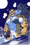 abs anthro biceps big_muscles blush claws crotch_tuft duo fur grope huge_muscles male male/male muscular muscular_male nude open_mouth pec_grab pecs pubes scar smile stripes suggestive tongue tuft water wet amakuchi sega shining_(sega) shining_f shining_wind raihi_(shining) rouen_(shining) canid canine canis felid mammal pantherine tiger wolf cool_colors