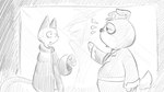 animal_crossing anthro bodily_fluids booker_(animal_crossing) building bulldog canid canine canis clothed clothing clothing_store dialogue_in_description domestic_cat domestic_dog dragonweirdo droopy_eyes duo ears_down emanata eye_bags felid feline felis greyscale half-closed_eyes headgear hi_res mammal mastiff molosser monochrome narrowed_eyes night nintendo olivia_(animal_crossing) overweight pivoted_ears police police_hat police_officer puffy_jacket security security_guard simple_background slightly_chubby solo store story story_in_description sweat tail window
