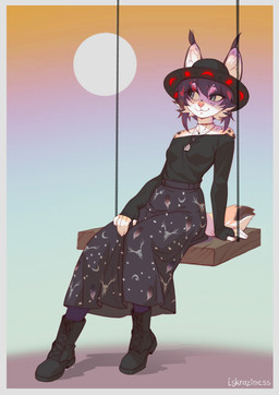 5_fingers :3 anthro biped blue_eyes border bottomwear breasts claws clothed clothed_anthro clothed_female clothing eyebrows eyelashes eyelashes_through_hair female female_anthro finger_claws fingers footwear front_view fully_clothed fully_clothed_anthro fully_clothed_female fur hair hat headgear headwear inner_ear_fluff iris jewelry long_skirt looking_aside markings mouth_closed necklace philtrum pink_nose pupils purple_hair shoes sitting skirt smile snout solo spots spotted_body spotted_fur tail topwear translucent translucent_hair tuft white_border iskra kordi felid feline lynx mammal 2026 digital_drawing_(artwork) digital_media_(artwork) hi_res