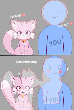 ambiguous_gender blush blush_stickers cartoon_freckles duo erection exclamation_point eyelashes facial_tuft feral freckled_face freckles genitals long_eyelashes male open_mouth penis pink_body plushie question_mark text tuft cloudeon face_verification_meme cotton_cat_(cloudeon) animate_inanimate domestic_cat felid feline felis human living_plushie mammal absurd_res comic digital_media_(artwork) english_text hi_res