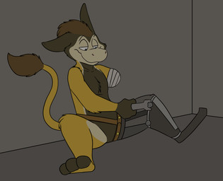 3_toes 4_fingers amputee anthro arm_tuft bandage biped blue_eyes brown_body brown_fur brown_hair brown_tail cheek_tuft chest_tuft countershade_face countershade_torso countershading disability elbow_tuft eyebrows facial_tuft featureless_crotch feet fingers fur gloves_(marking) green_body green_countershading hair half-closed_eyes knee_tuft leg_tuft looking_down male markings multicolored_body multicolored_fur multicolored_tail narrowed_eyes nude on_ground prosthetic prosthetic_leg prosthetic_limb short_hair shoulder_tuft sitting smile snout solo spread_legs spreading tail tail_markings tail_tuft toeless_(marking) toes tools tuft two_tone_body two_tone_fur two_tone_tail wrench yellow_body yellow_fur yellow_tail rotten_robbie unknown_species character_request flat_colors full-length_portrait hi_res portrait