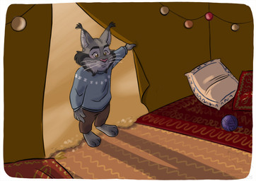 3_toes 4_fingers anthro ball_of_yarn bottomwear camping_tent carpet cheek_tuft clothing cushion desert ear_tuft facial_tuft feet fingers fur grey_body grey_fur light_bulb male multicolored_body multicolored_fur oasis pants pattern_clothing pillow pink_nose sahara_square sand serious_face shadow solo sunset sweater toes topwear tuft whiskers wool_clothing yarn yellow_eyes adriano_berjillos disney zootopia pawbert_lynxley canada_lynx felid feline lynx mammal