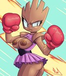 angry areola big_breasts boxing_gloves breasts butt clothed clothing crossgender exposed_breasts female frown generation_1_pokemon handwear hitmonchan humanoid looking_at_viewer nintendo nipples no_underwear pokemon pokemon_(species) rollinlol solo upskirt
