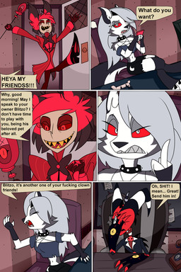 ambiguous_gender clothed clothing collar dialogue electronics eyes_closed gesture hand_gesture middle_finger phone red_body red_eyes red_sclera sharp_teeth sitting spiked_collar spikes teeth text white_eyes wolfpuppy21 hazbin_hotel hellaverse helluva_boss mythology alastor_(hazbin_hotel) blitzo_(helluva_boss) loona_(helluva_boss) canid canid_demon canine canis demon hellhound mammal mythological_canine mythological_creature 2:3 comic english_text hi_res