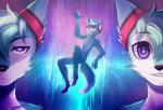 abstract_background anthro blue_body blue_eyes blue_fur countershading dual_persona duality eyebrows floating fur fur_markings looking_at_viewer looking_up male markings nude open_mouth reaching solo white_body white_fur drakkin roflfox canid canine fox mammal 2018