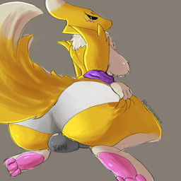 anthro big_breasts big_butt big_tail black_sclera breasts butt clothed clothing dipstick_tail facesitting facesitting_in_underwear female fur larger_female leg_grab looking_down markings neck_tuft pawpads sitting sitting_on_another size_difference tail tail_markings thigh_grab tuft underwear underwear_only white_body white_fur yellow_body yellow_fur archenarie bandai_namco digimon anon canid digimon_(species) mammal renamon 1:1 hi_res