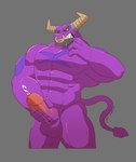 2_horns abs anthro balls eyebrows facial_piercing genitals horn humanoid_genitalia humanoid_penis male masturbation muscular muscular_anthro muscular_male nose_piercing pecs penile penile_masturbation penis piercing purple_balls purple_body purple_tail solo tail teeth k_hunnicutt lego lego_monkie_kid demon_bull_king bovid bovine cattle mammal hi_res