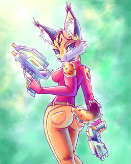 5_fingers abstract_background anthro bare_shoulders big_butt black_nose blue_eyes breasts butt butt_pose cheek_tuft clothed clothing dipstick_tail ear_piercing ear_tuft eyebrows eyelashes facial_tuft female fingers fur gloves gun handwear happy inner_ear_fluff looking_at_viewer looking_back markings multicolored_body multicolored_fur multicolored_tail piercing pose ranged_weapon rear_view seductive shirt side_boob smile solo standing tail tail_markings tight_clothing tight_shirt tight_topwear topwear tuft weapon white_body white_fur naaraskettu nintendo star_fox miyu_(star_fox) felid feline lynx mammal 2016 digital_media_(artwork) hi_res portrait three-quarter_portrait