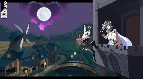 anthro armor basket cape castle climbing clothing cloud container detailed_background duo fantasy female forest full_moon headgear heart_symbol helmet knight lamp lantern male male/female metal_pasties moon pauldron plant river rogue rope tail text thong tree unconvincing_armor underwear village warrior windmill kingsus kai_(bosstones) yvette_(kilinah) animal_humanoid felid feline humanoid lagomorph lagomorph_humanoid leopardus leporid leporid_humanoid mammal mammal_humanoid ocelot rabbit rabbit_humanoid absurd_res english_text hi_res