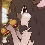 ' anthro blurred_background brown_body brown_eyes brown_fur brown_hair burger cafe close-up detailed_background dipstick_snout eating female female_anthro fingerless_(marking) fingerless_gloves_(marking) fluffy fluffy_hair food fur gloves_(marking) hair inside long_hair looking_forward markings nude nude_anthro nude_female open_mouth pink_nose secret short_snout side_view solo elronya fan_character ronya lagomorph leporid mammal rabbit 1:1 brown_theme bust_portrait digital_drawing_(artwork) digital_media_(artwork) flat_colors portrait